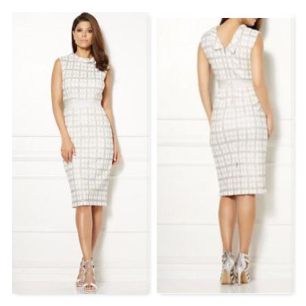 NY&Co Eva Mendes Jolanda Silver Plaid Print Dress